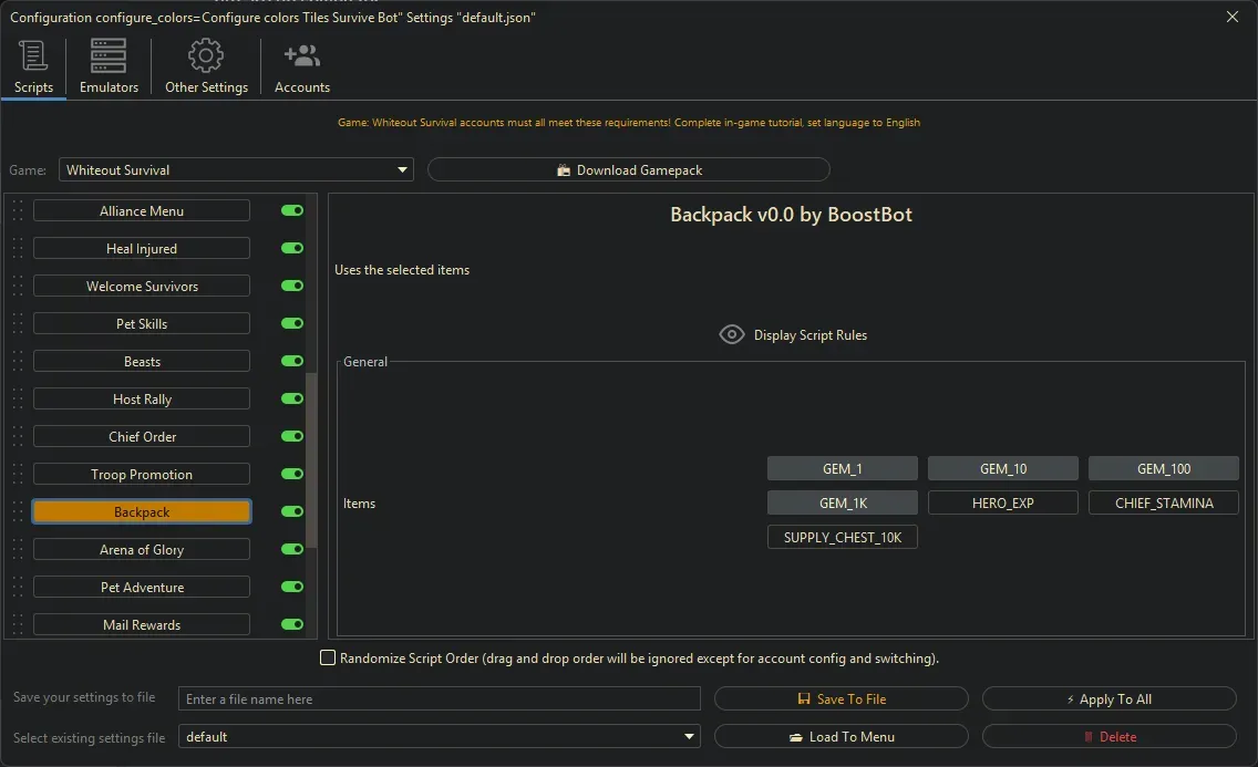 Whiteout Survival Bot - Backpack